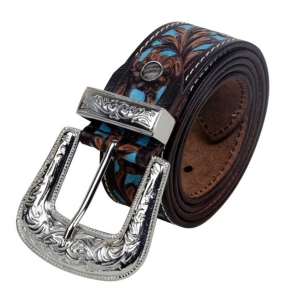 Myra turquoise hand tooled, painted leather belt main image 6